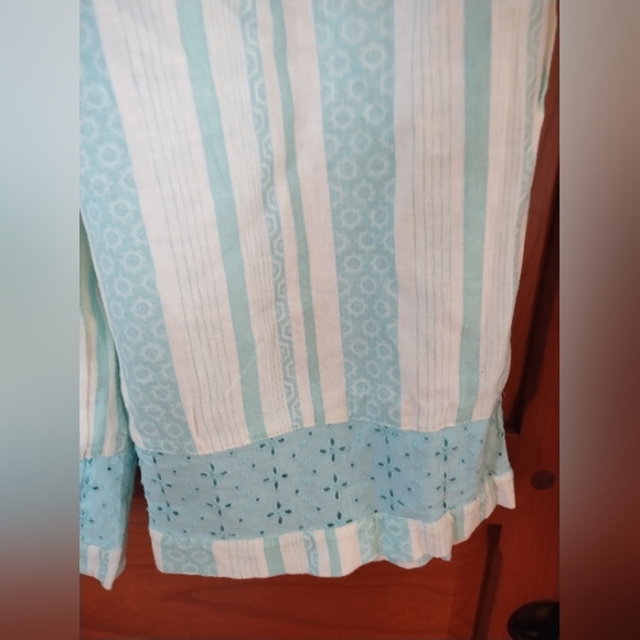 NATURALS DECO TEAL BLUE & WHITE DESIGN LINEN BLEND CROPPED PANTS SZ 1X - Picture 5 of 7